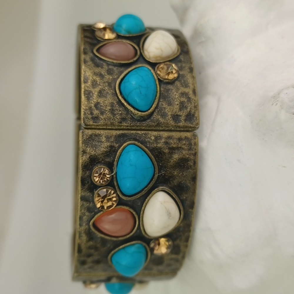 Boho Turquoise Coral & Cream Stone Brass Stretch Bracelet With Amber Rhinestones